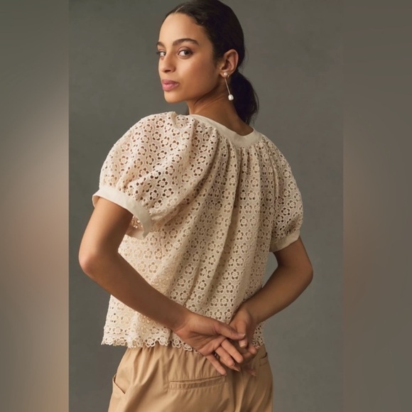 NWT Blue Tassel Puff-Sleeve Lace Blouse Embroidered Floral in Ivory Cream - Picture 3 of 12